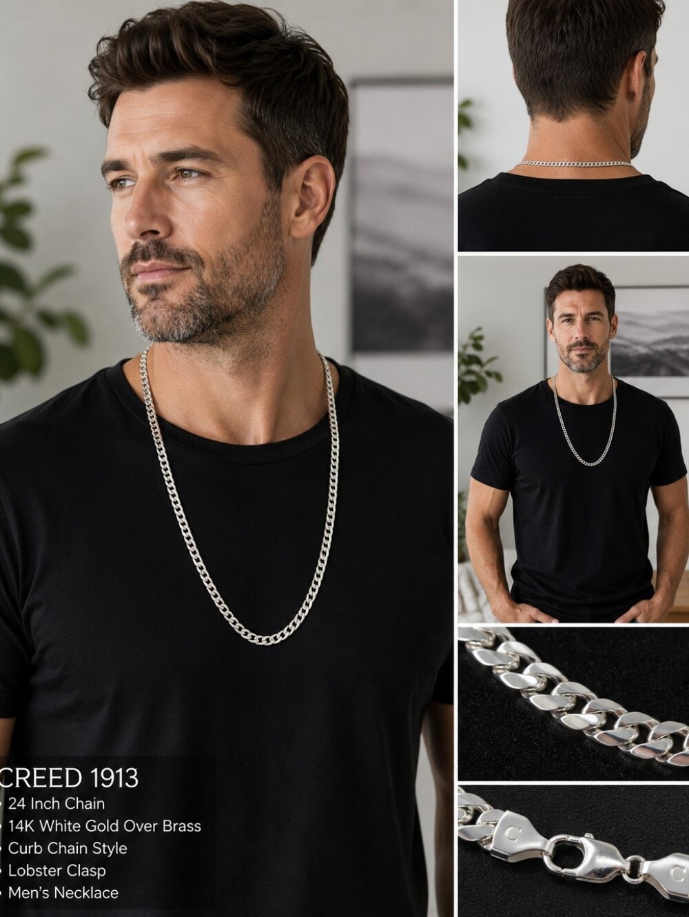 CREED 1913 Men's 24" 14K White Gold Over Brass Curb Chain Necklace Silver Tone